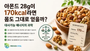 아몬드 28g의 표시 칼로리와 실제 대사가능 에너지 차이를 설명하는 대표 이미지