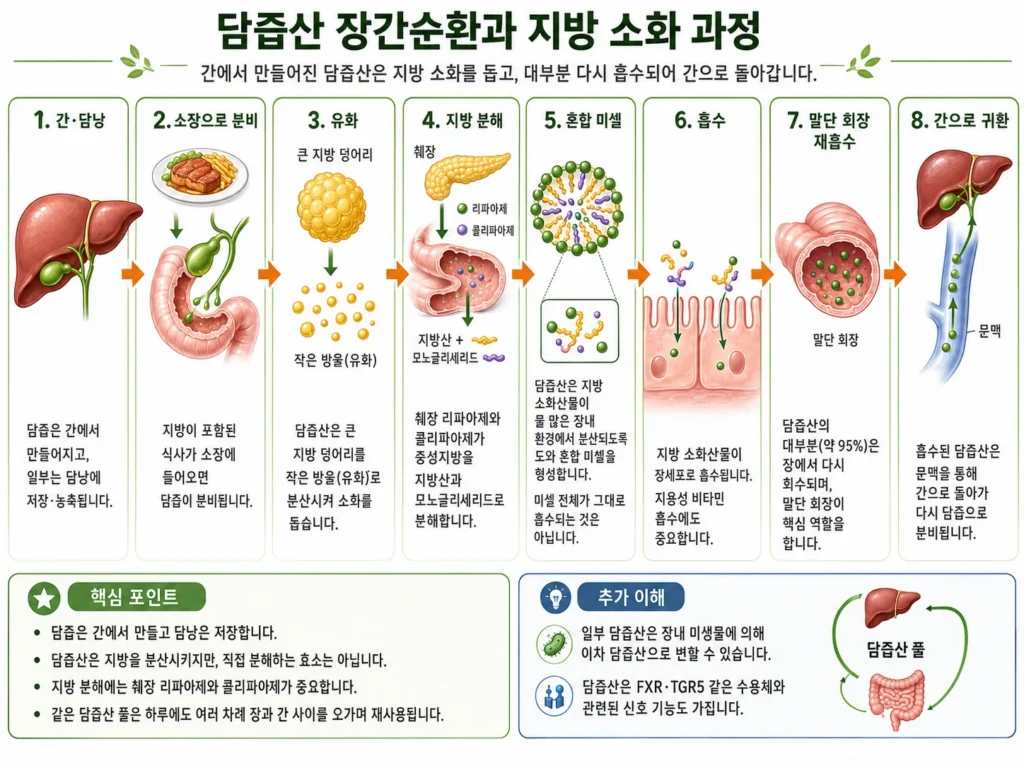 간에서 만들어진 담즙산이 지방 소화와 혼합 미셀 형성을 돕고 말단 회장에서 재흡수되어 문맥을 통해 간으로 돌아가는 장간순환 과정 인포그래픽
