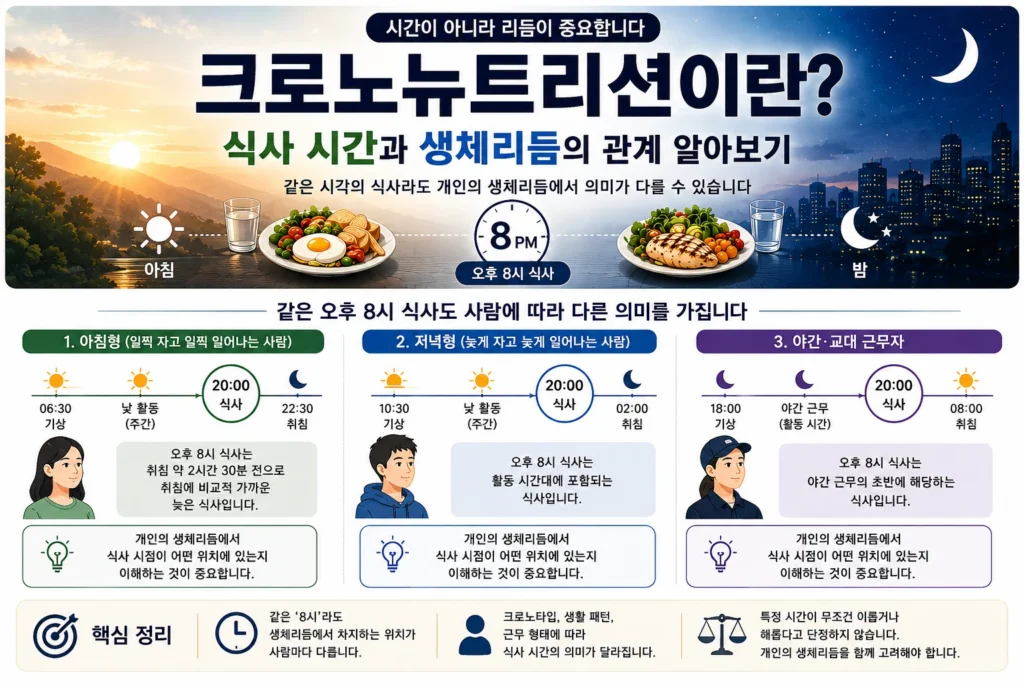 오후 8시 식사가 아침형, 저녁형, 야간·교대 근무자의 생체리듬에서 서로 다른 위치에 있음을 설명한 크로노뉴트리션 인포그래픽