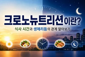 크로노뉴트리션의 식사 시간과 생체리듬의 관계를 낮과 밤, 시계와 식사로 표현한 이미지