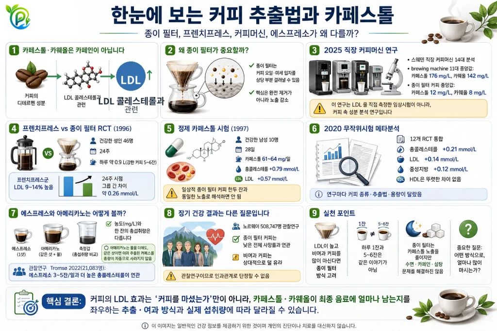 종이 필터, 프렌치프레스, 커피머신, 에스프레소의 카페스톨과 LDL 관련 연구 결과를 정리한 인포그래픽