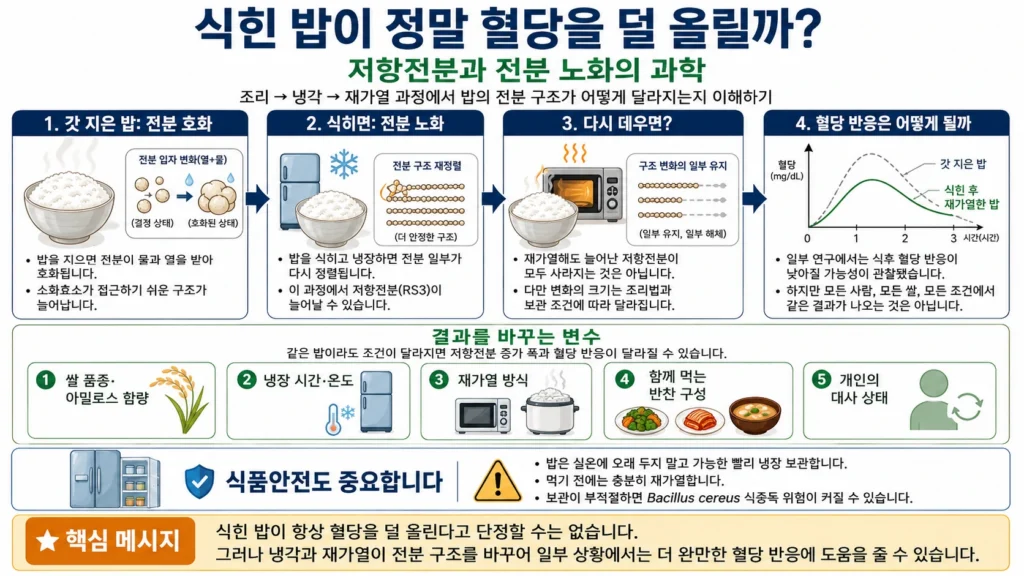 갓 지은 밥의 전분 호화부터 냉각 후 전분 노화와 RS3 저항전분 증가, 재가열과 혈당 반응의 변화를 설명한 인포그래픽