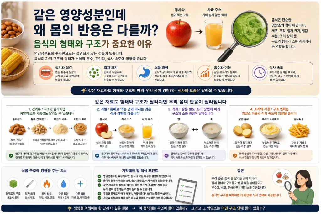 통견과류와 견과류 버터, 통사과와 주스, 밥과 죽, 감자의 조리 형태를 비교해 음식 구조가 소화와 식사 경험에 미치는 영향을 설명한 인포그래픽