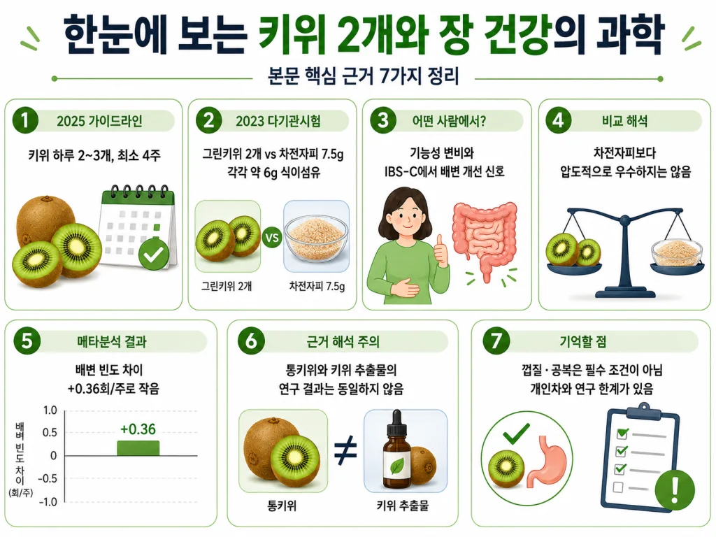 2025 가이드라인과 임상시험을 바탕으로 키위와 변비 연구 핵심 근거 7가지를 정리한 인포그래픽