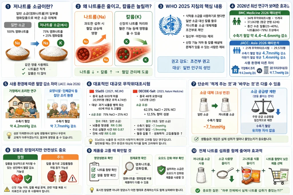저나트륨 소금의 나트륨·칼륨 조성, 혈압 감소 연구와 안전성 주의사항을 정리한 인포그래픽