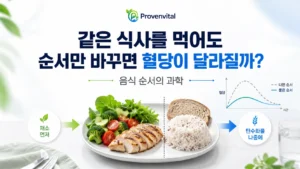 채소와 단백질을 먼저 먹고 탄수화물을 나중에 먹는 음식 순서와 식후 혈당 반응을 표현한 이미지