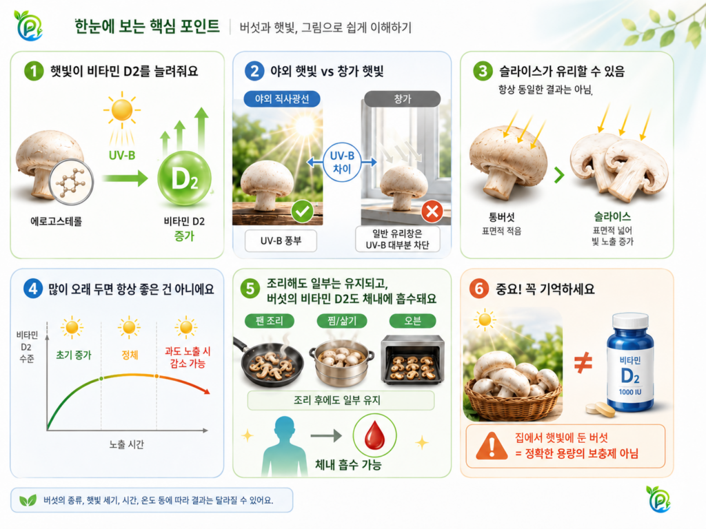 버섯의 햇빛 노출과 비타민 D2 생성 원리를 정리한 인포그래픽