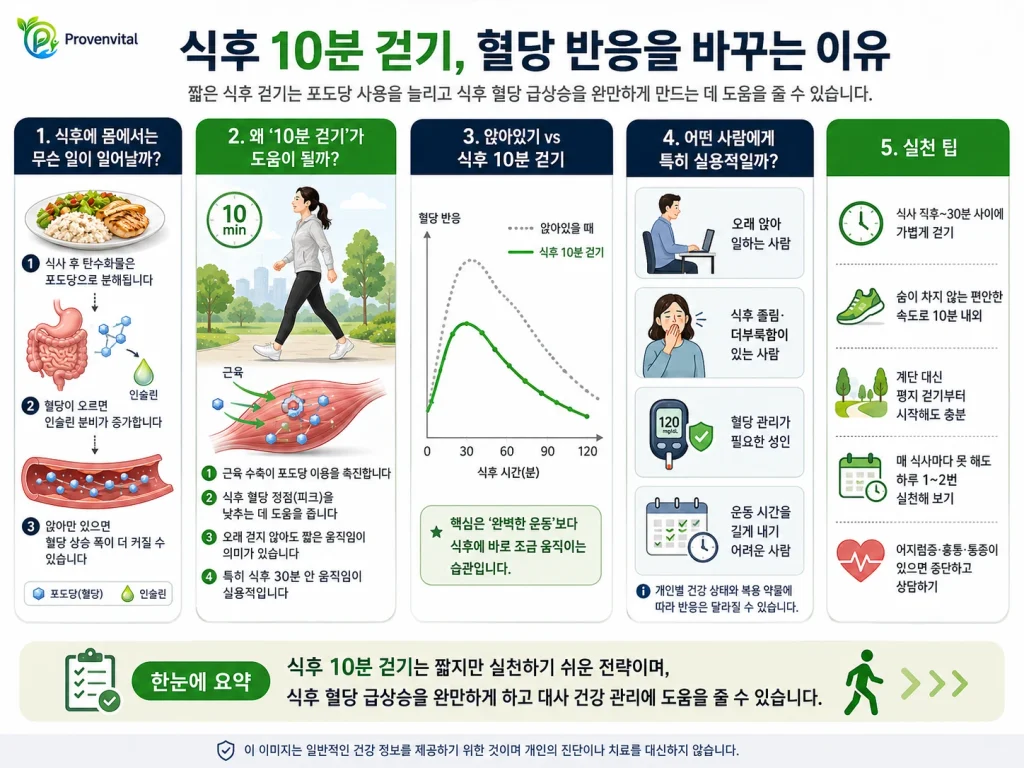 식후 걷기의 원리와 식후 혈당 반응, 짧은 활동의 실천 방법을 정리한 인포그래픽