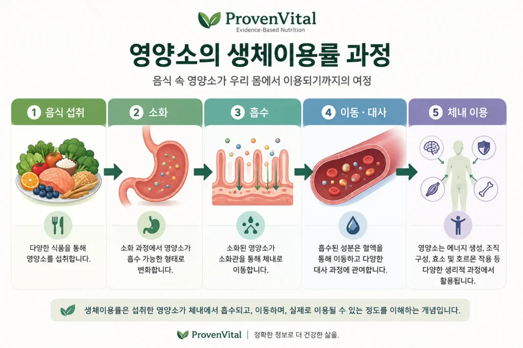 음식 섭취부터 소화, 영양소 흡수, 혈액 이동, 체내 이용까지의 생체이용률 과정