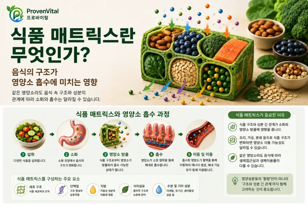 음식 섭취와 소화부터 영양소 방출, 흡수, 이동과 이용까지 식품 매트릭스와 영양소 흡수 과정을 설명하는 인포그래픽