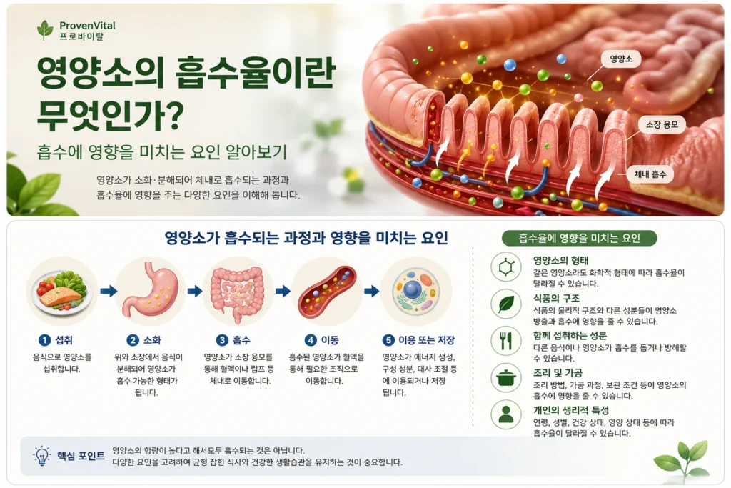음식 섭취부터 소화, 영양소 흡수, 이동과 체내 이용까지의 과정과 흡수에 영향을 미치는 요인