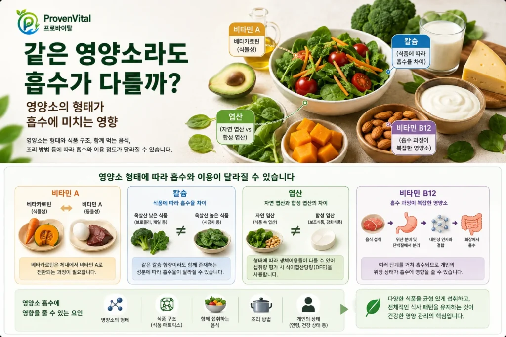 비타민 A, 칼슘, 엽산, 비타민 B12의 형태와 식품 구조, 조리 방법 등이 영양소 흡수에 미치는 영향을 설명하는 인포그래픽