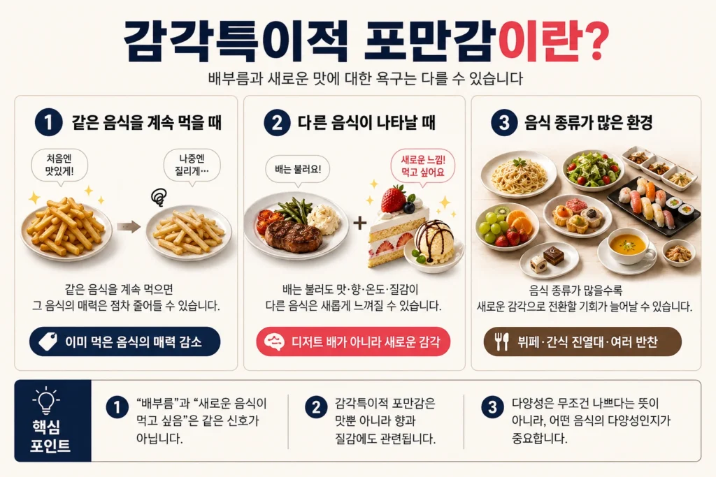 같은 음식을 계속 먹으면 매력이 줄고 다른 맛과 질감의 음식은 새롭게 느껴지며 음식의 다양성이 섭취 행동에 영향을 줄 수 있음을 설명한 인포그래픽