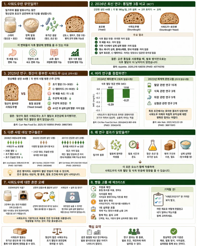 사워도우 발효 과정과 2025~2026년 식후 혈당 연구, 메타분석 및 빵 선택 기준을 정리한 인포그래픽