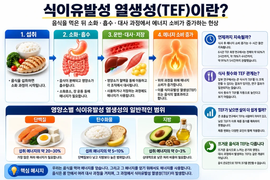 음식 섭취 후 소화·흡수·대사·저장 과정에서 에너지 소비가 증가하고 단백질·탄수화물·지방의 식이유발성 열생성 범위가 다름을 설명한 인포그래픽