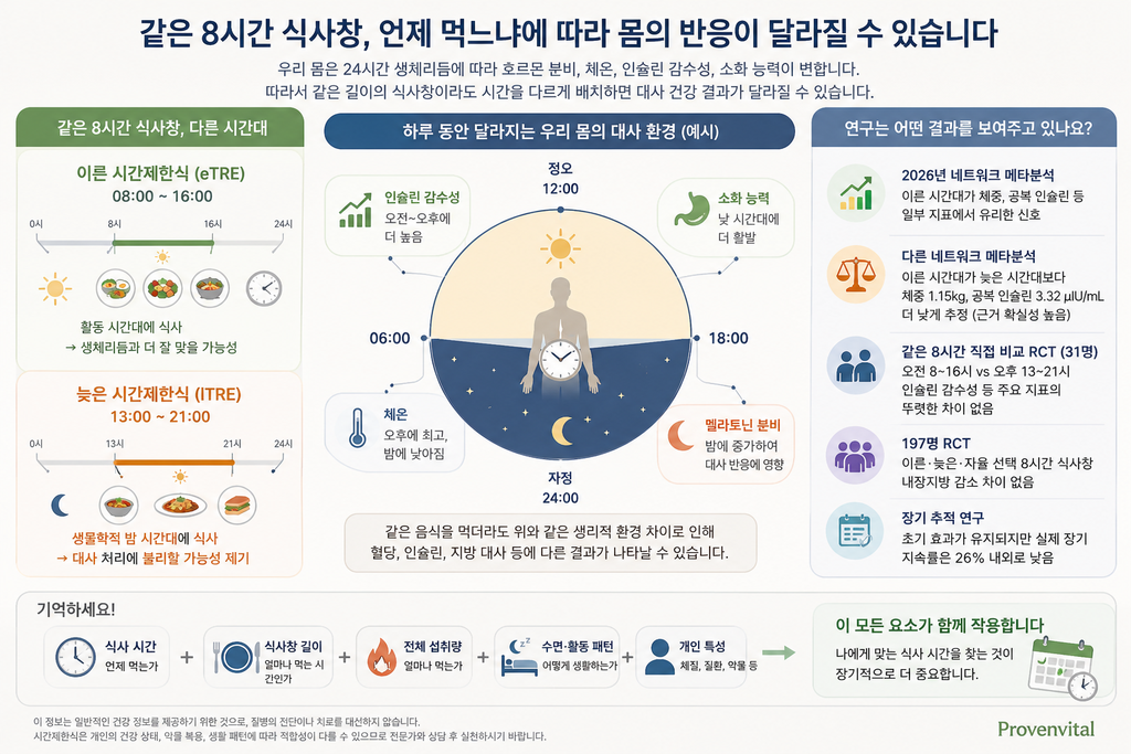 이른 시간제한식과 늦은 시간제한식의 생체리듬과 주요 연구 결과를 비교한 인포그래픽