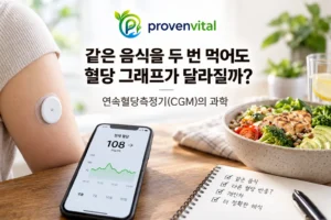 팔에 연속혈당측정기를 착용한 사람과 스마트폰 혈당 그래프로 표현한 음식별 CGM 혈당 반응 대표 이미지