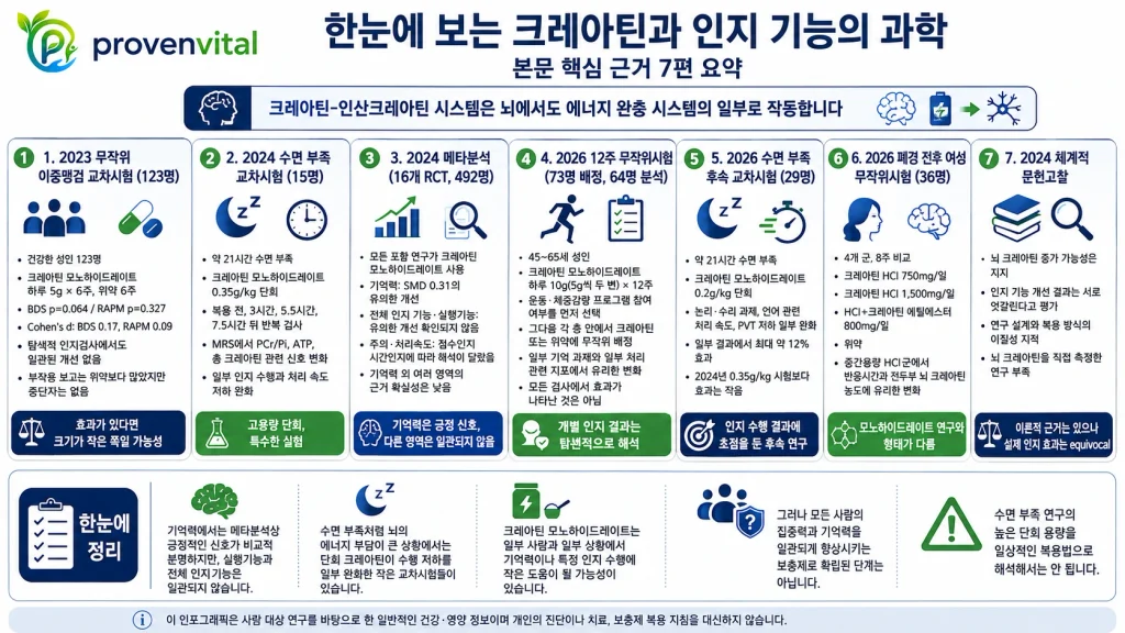크레아틴과 인지 기능에 관한 사람 대상 연구 7편의 핵심 결과를 정리한 인포그래픽
