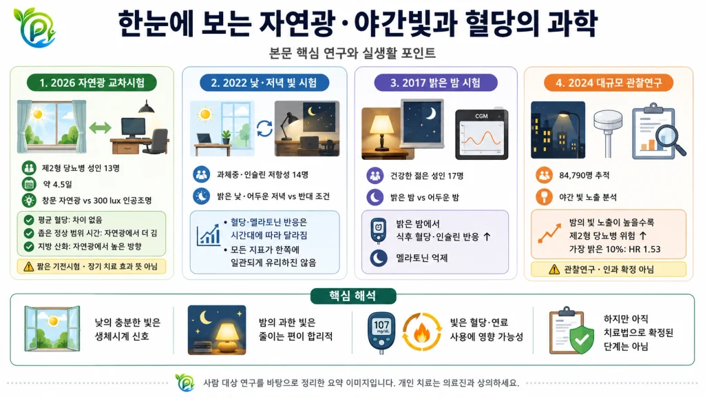 자연광과 야간 빛 노출이 혈당과 대사에 미치는 사람 대상 연구를 정리한 인포그래픽