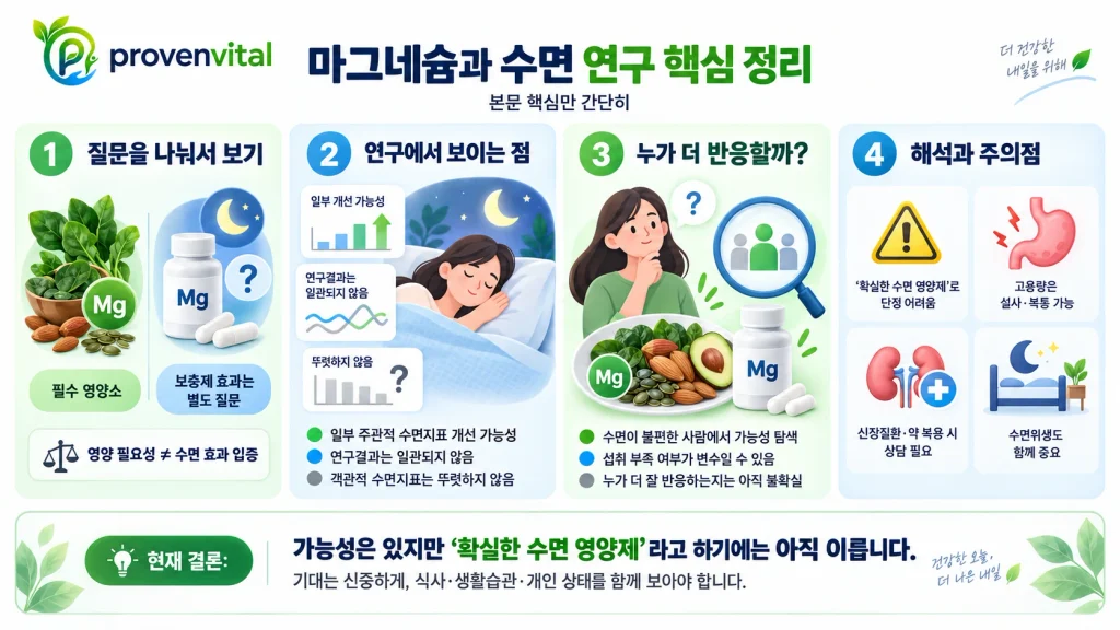 마그네슘과 수면에 관한 최신 연구 결과와 해석을 정리한 인포그래픽