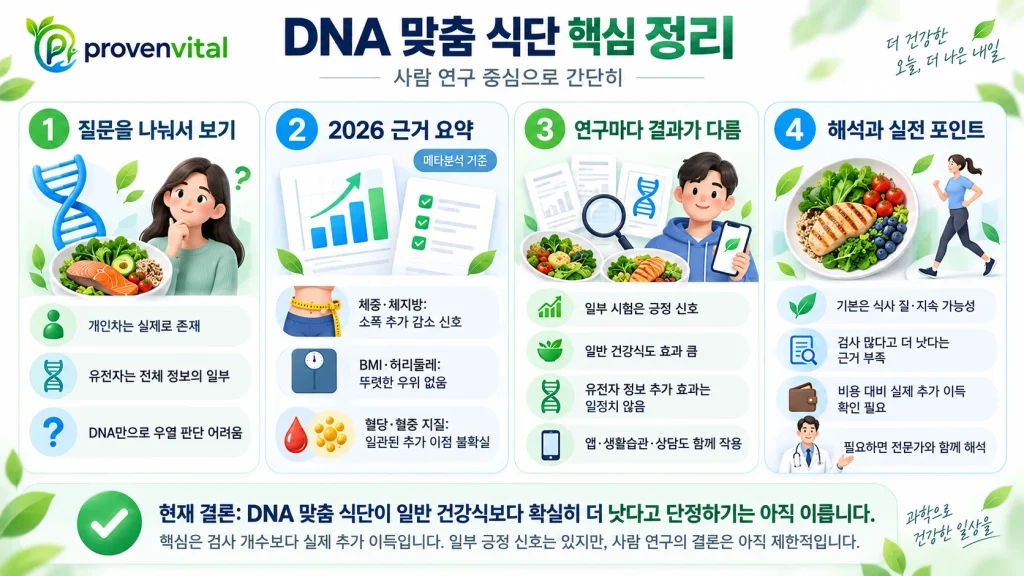 DNA 맞춤 식단과 일반 건강 식단의 사람 연구 결과를 정리한 인포그래픽