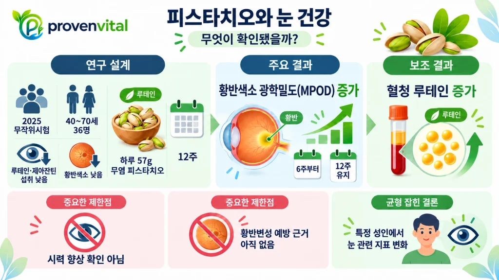 피스타치오 57g 섭취와 황반색소 광학밀도 및 혈청 루테인 변화를 정리한 인포그래픽