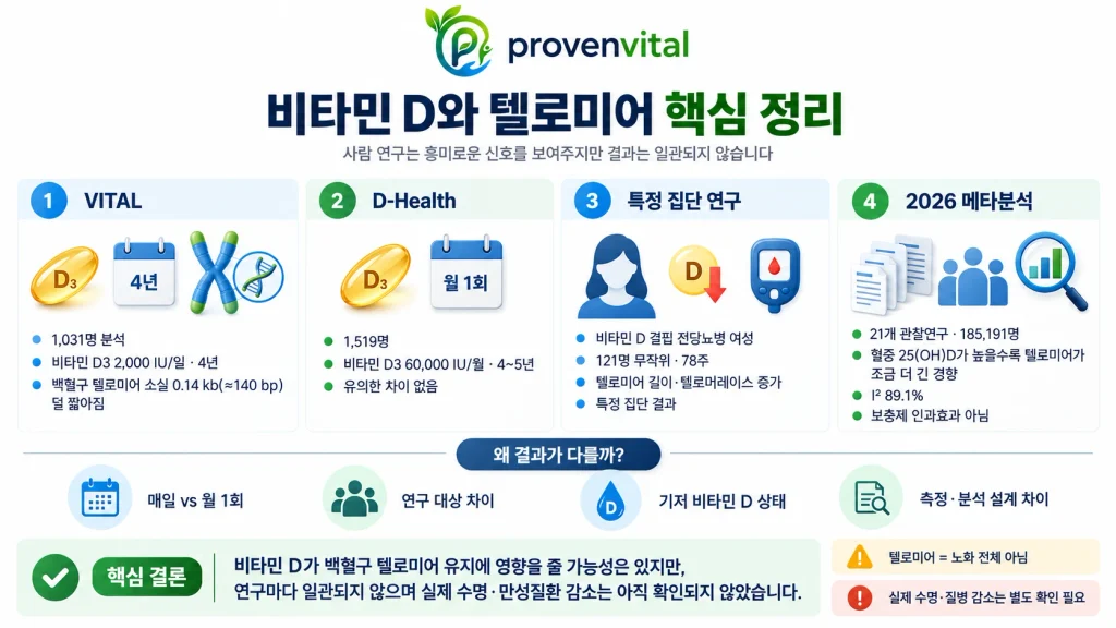 VITAL, D-Health 및 2026 메타분석으로 정리한 비타민 D와 텔로미어 연구 결과