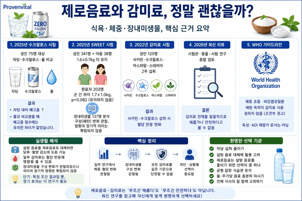 제로음료와 감미료의 식욕 체중 장내미생물 관련 연구를 정리한 인포그래픽